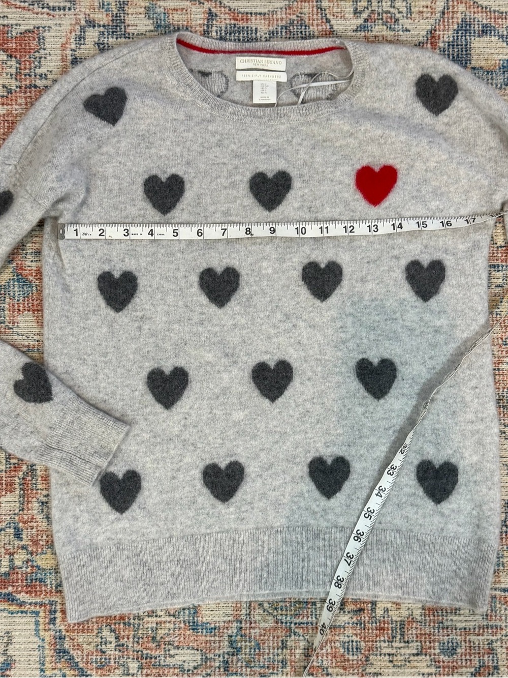 Christian Siriano 100% Cashmere Sweater S Gray Heart Print 2 Ply Crewneck - Picture 7 of 10